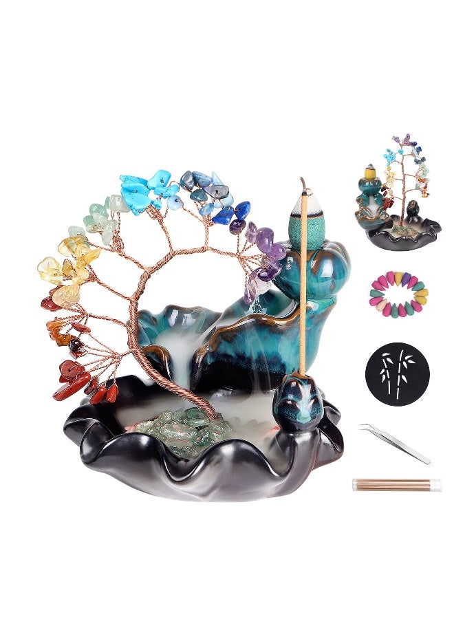 Ceramic Incense Waterfall Backflow Incense Holder, 7 Chakras Crystal Tree Incense Holder, Namaste Yoga Meditation and Home Decor with 20 Backflow Incense Cones  50 Incense Sticks - Image 1